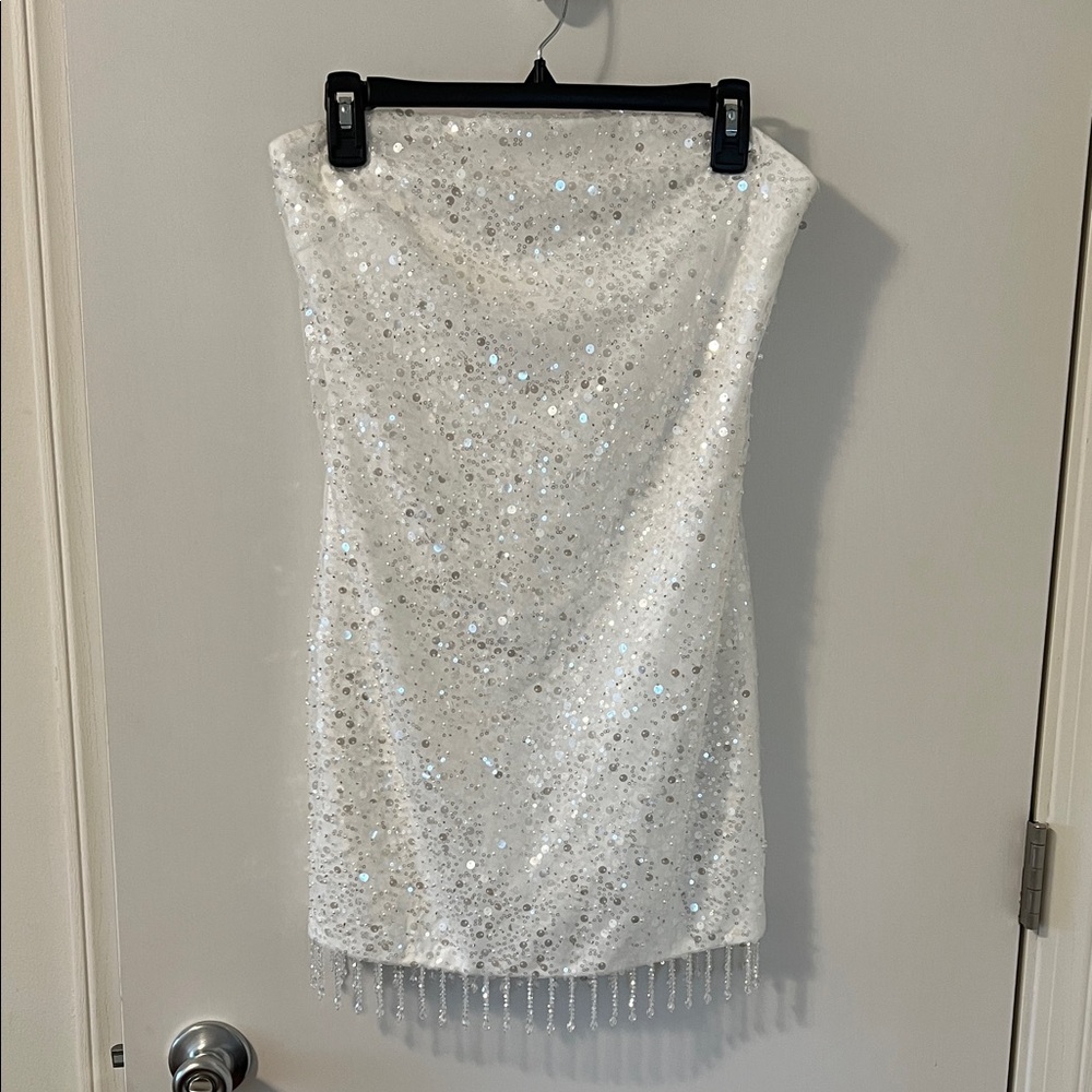 12th Tribe White Sequin Mini Dress with Beaded Fringe